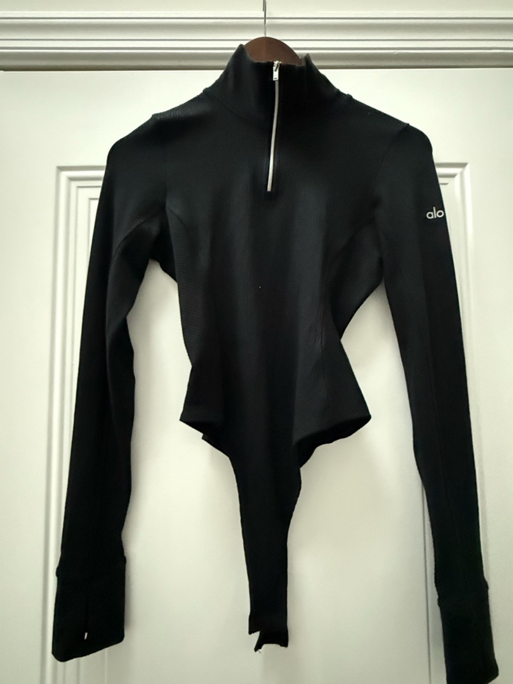 ALO Rise Up Black Long-Sleeve Quarter-Zip Bodysuit - Picture 2 of 5